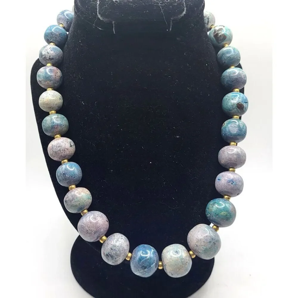 Chunky Bohemian Gemstone Aventurine Lapis Brass Beaded Necklace 20in